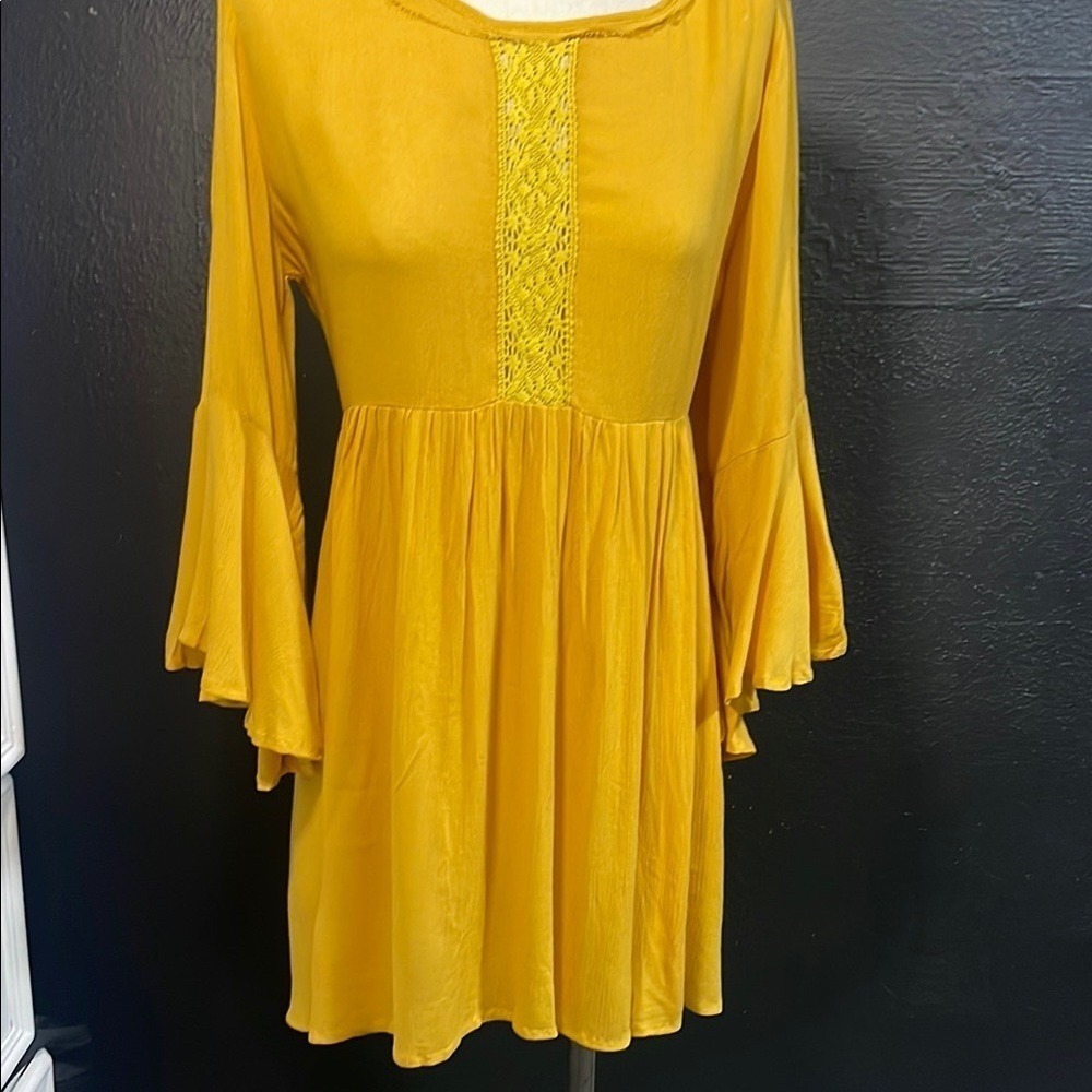 Umgee USA Yellow Mustard Crochet Lace Bell Sleeve Boho Tunic Dress